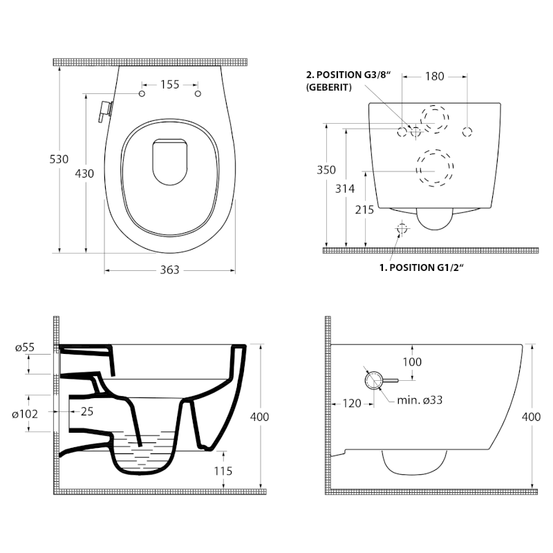 SENTIMENTI CLEANWASH závěsná WC mísa, integrovaný ventil a bidet. sprška, Rimless, 36x53cm, bílá 10ARS1101I