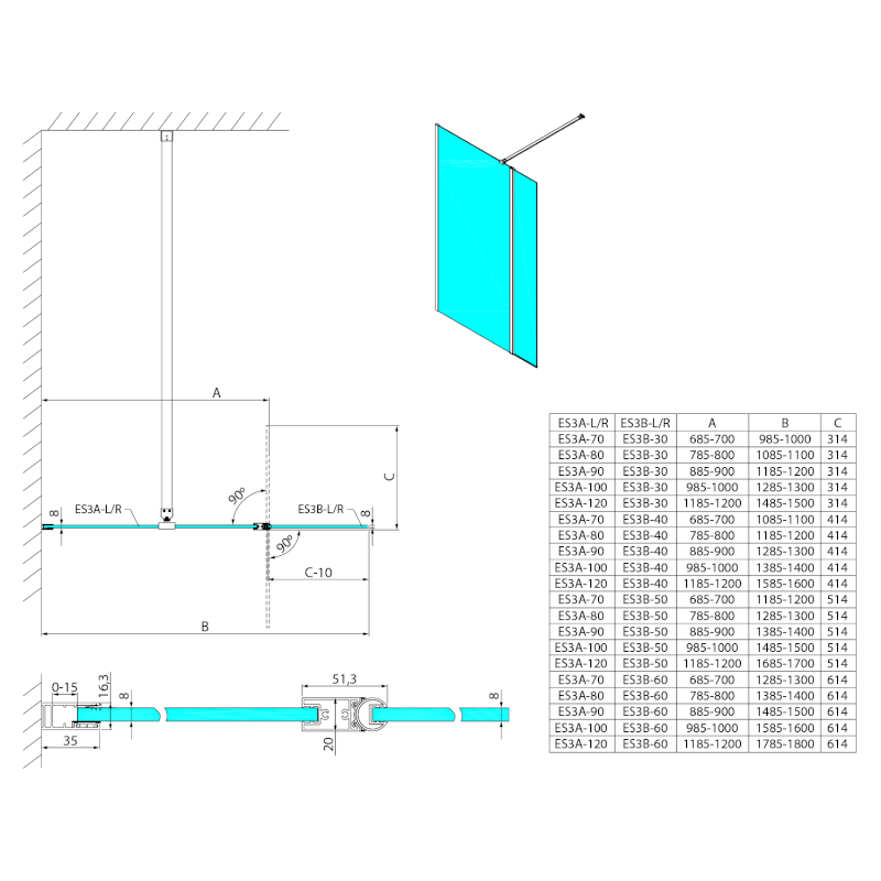 ESCA fixní sklo pro připojení otočného panelu, 1200mm, chrom ES3A12