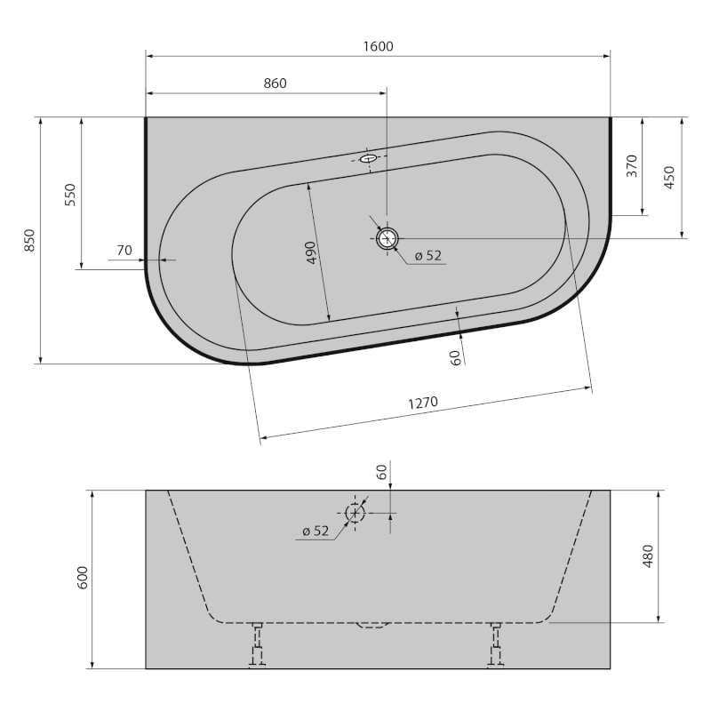 ASTRA WDL MONOLITH nástěnná stojící vana 160x85x60cm, bílá 30611MDL