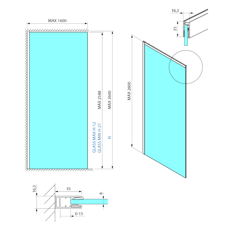 ESCA sada profilů pro uchycení skla, stěna - strop, 2600x1600mm, bílá mat ES2634