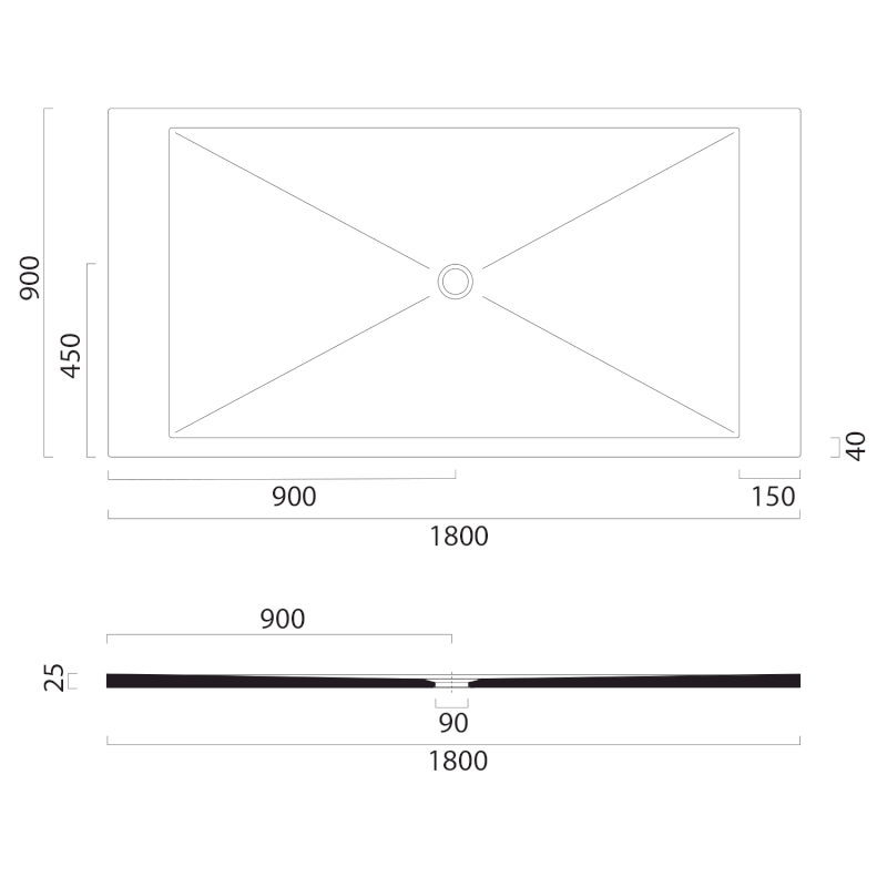 Keramická sprchová vanička, obdélník 180x90x2cm, creta mat 46180908