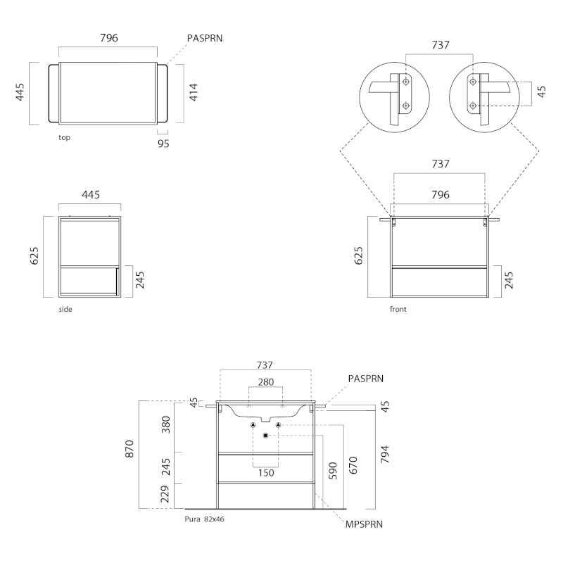PURA nábytková nožička, výška 229mm, pro konstrukci MSAP82N/MSAP102N, černá MPSPRN