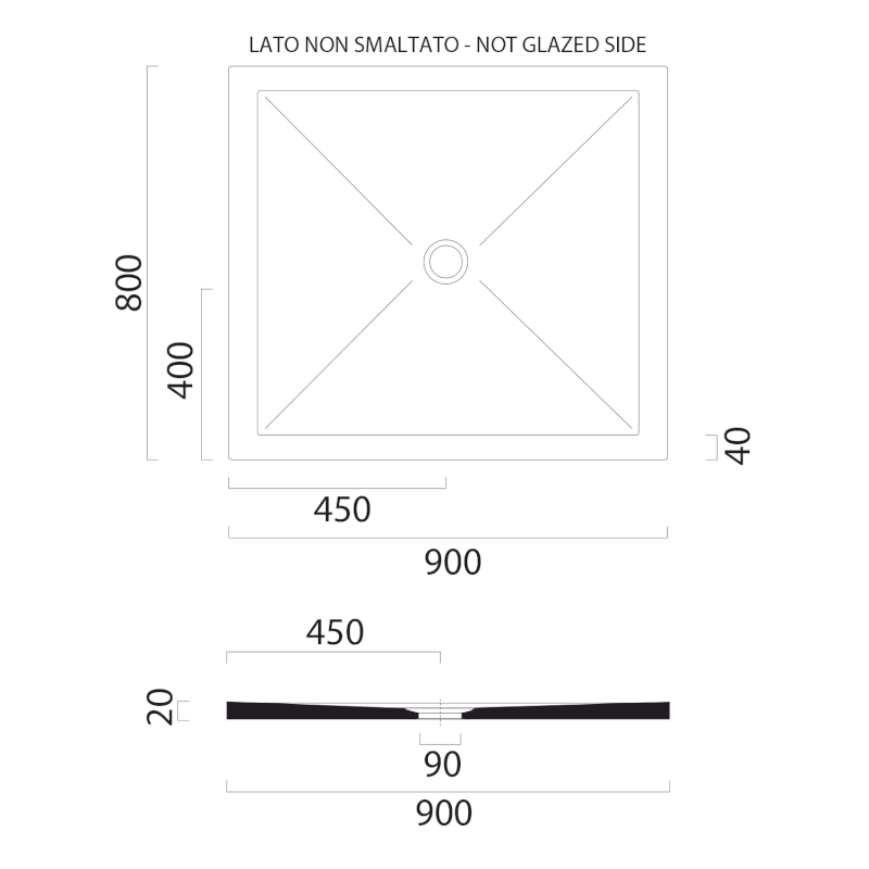 Keramická sprchová vanička, obdélník 90x80x2cm, cenere mat 46090817