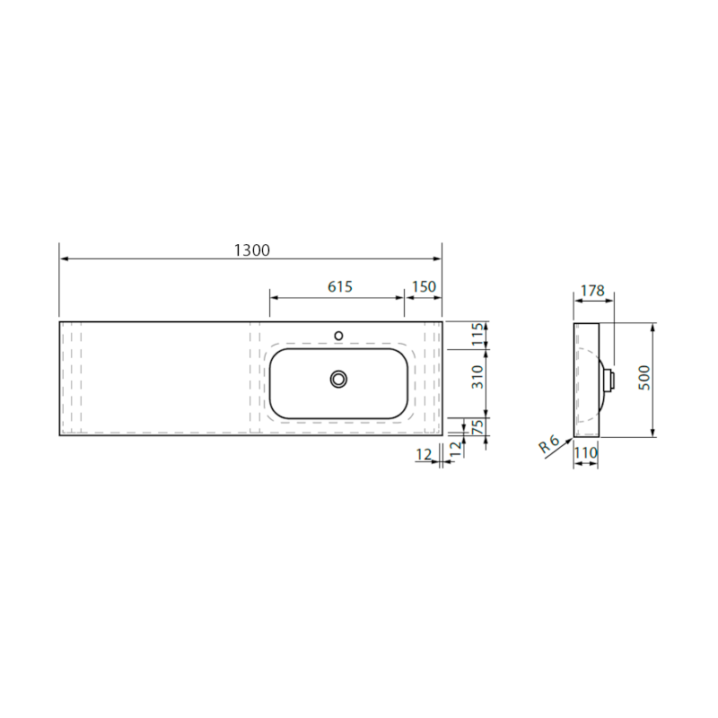 EMICO umyvadlo, Rockstone, 130x50cm, límec L, pravé, bílá mat EM130-B1R-L