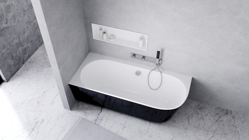 SUSSI L rohová stojící vana, litý mramor 150x70x49,5cm, černá/bílá 93241L