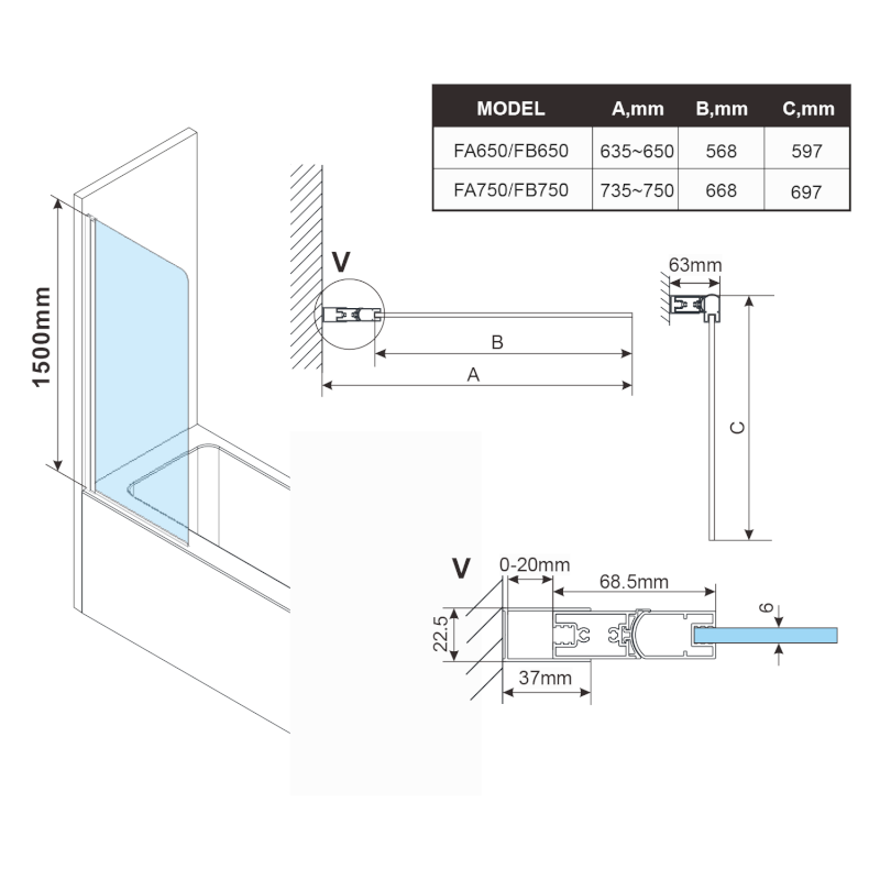ROTA vanová zástěna otočná 650mm, čiré sklo FA650