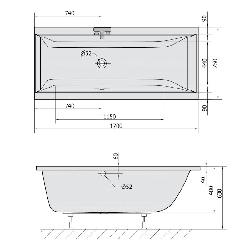 CLEO obdélníková vana 170x75x48cm, šedá 94611.30