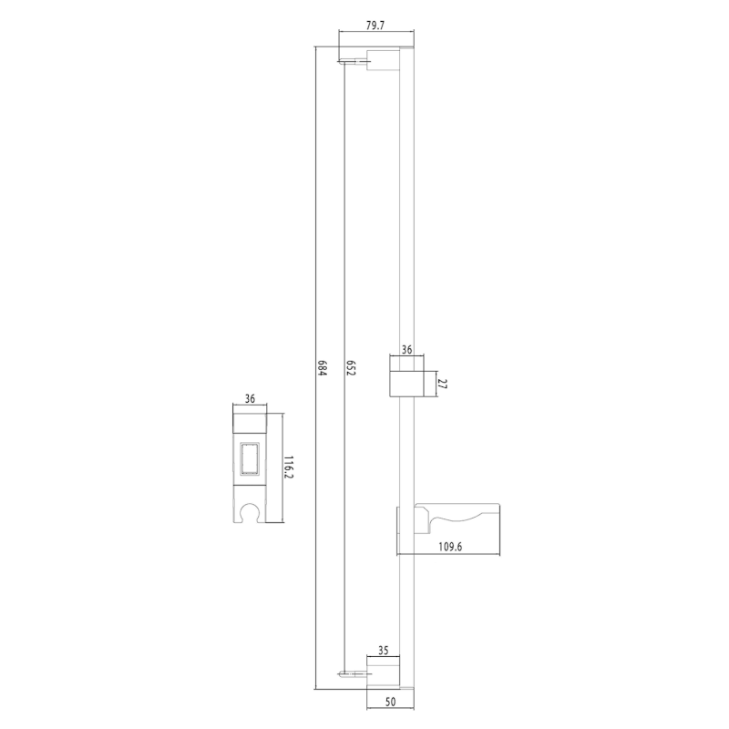 Sprchová tyč s mýdlenkou, posuvný držák, hranatá, 684mm, ABS/chrom 1206-07