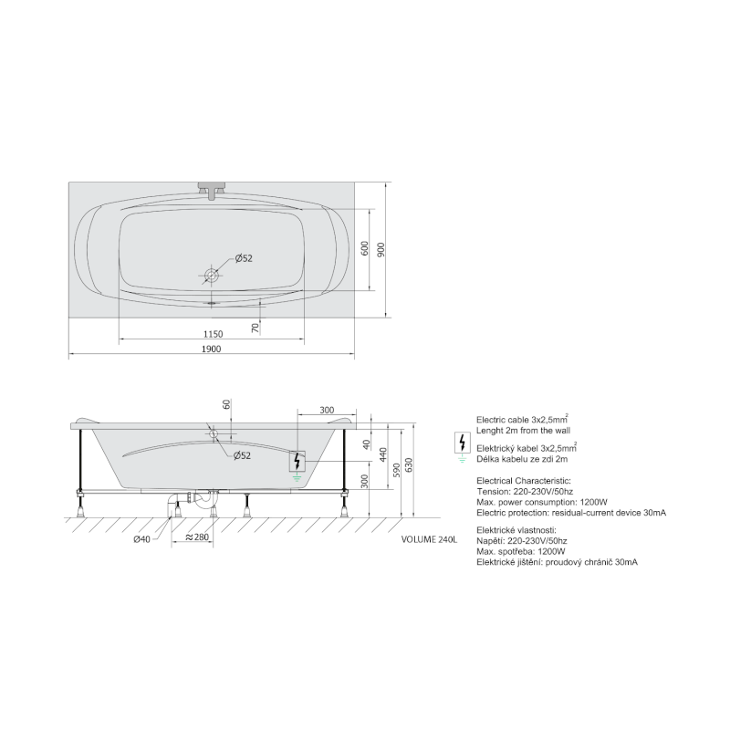 GARDA hydromasážní vana, 190x90x44cm, Attraction Hydro-Air, chrom 14111.4010