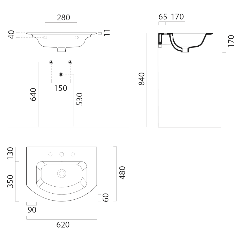 PURA keramické umyvadlo Slim oblé 62x48cm, bez otvoru, bílá ExtraGlaze 8827011