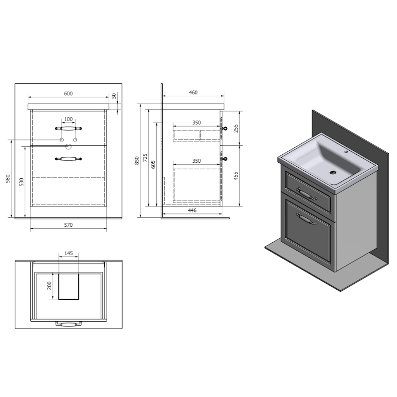 FAVOLO umyvadlová skříňka 57x72,5x44,6cm, bílá mat FV260