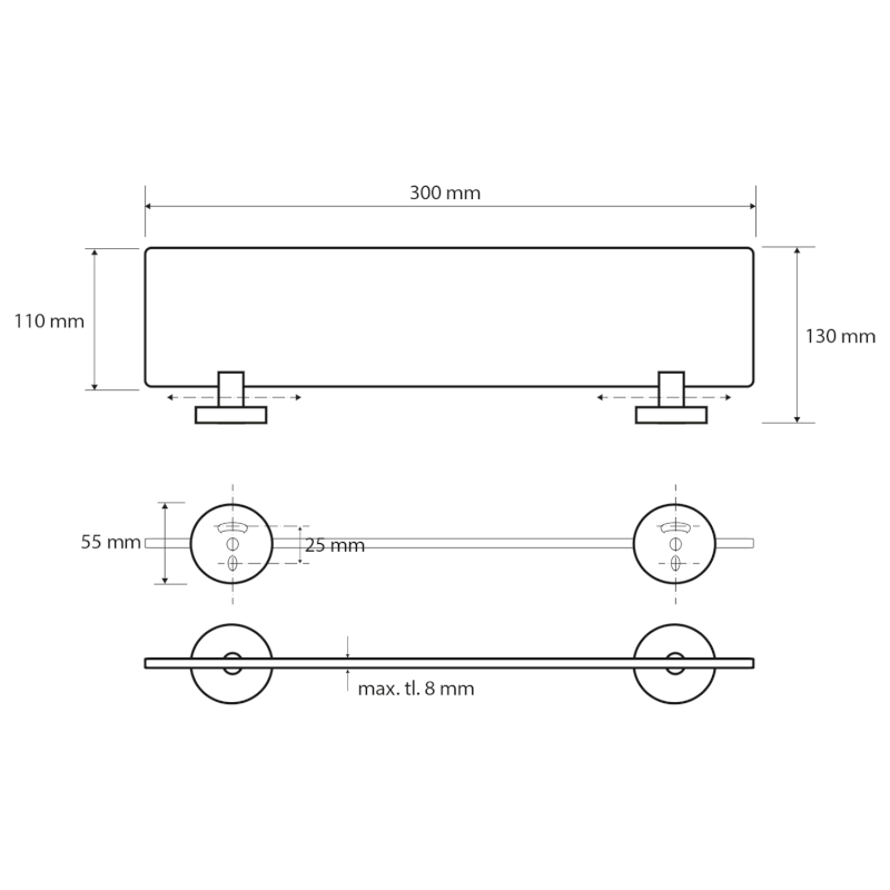 X-ROUND E skleněná polička 300x130mm, mléčné sklo, chrom XR601