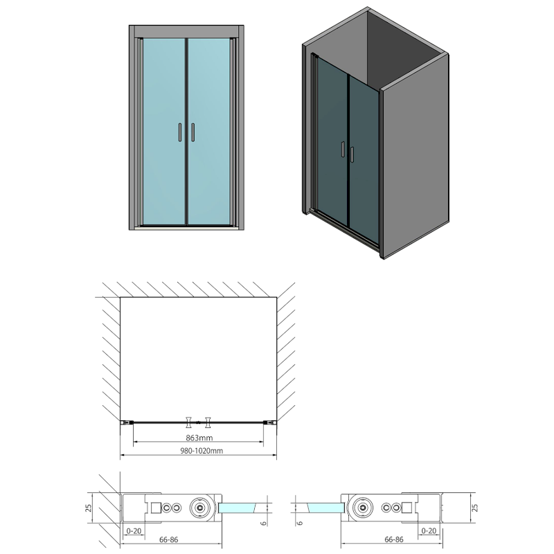 ZOOM sprchové dveře dvojkřídlé 1000mm, čiré sklo ZL1710