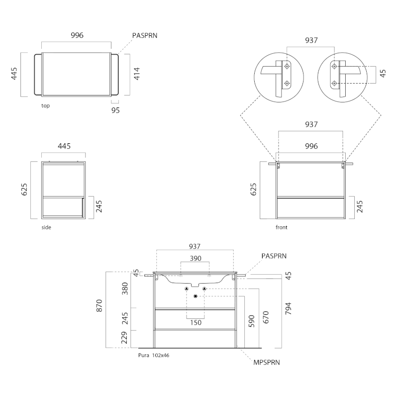 PURA konstrukce pod umyvadlo 102,6x46cm, černá mat/ořech MSAP102N