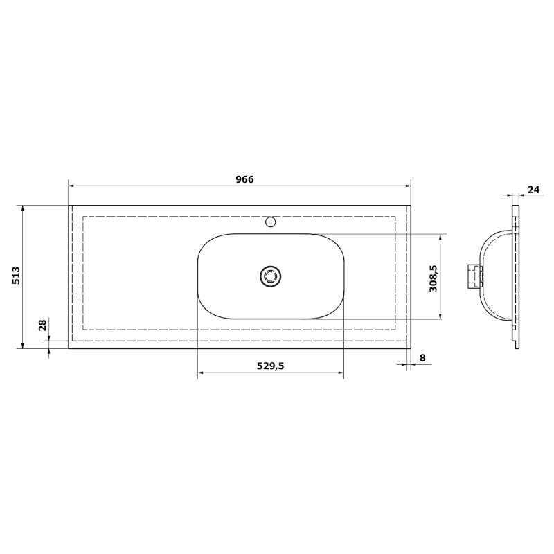 TREOS umyvadlo 96,6x51,3 cm (20+75), rockstone, pravé, bílá mat TS097-0101-R