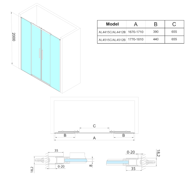 ALTIS posuvné dveře 1670-1710mm, výška 2000mm, čiré sklo AL4415C
