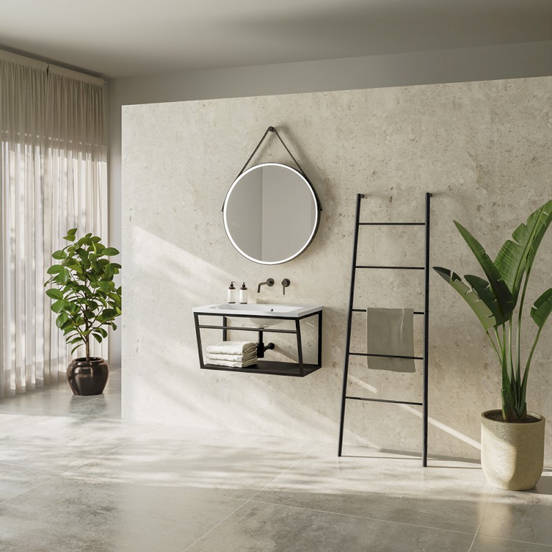 ORBITER kulaté zrcadlo s LED osvětlením ø 70cm, kožený pásek, černá mat ORL070