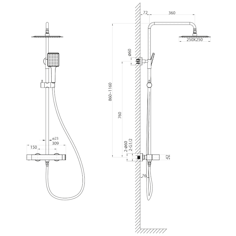 CUBEMIX sprchový sloup s pákovou baterií, černá mat CM139B