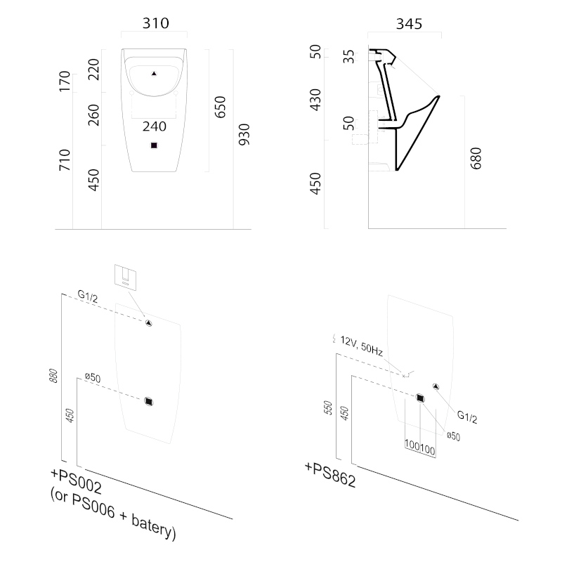 COMMUNITY urinál se zakrytým přívodem vody, 31x65cm, černá mat 909726