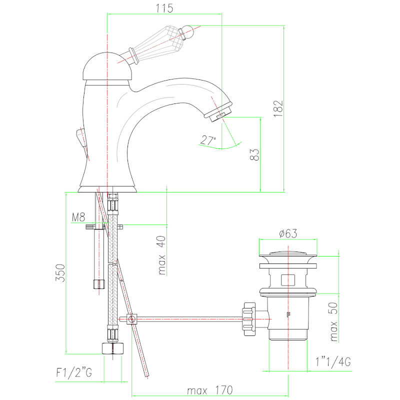 KIRKÉ CRYSTAL stojánková umyvadlová baterie s výpustí, páčka krystal, chrom KI02KC