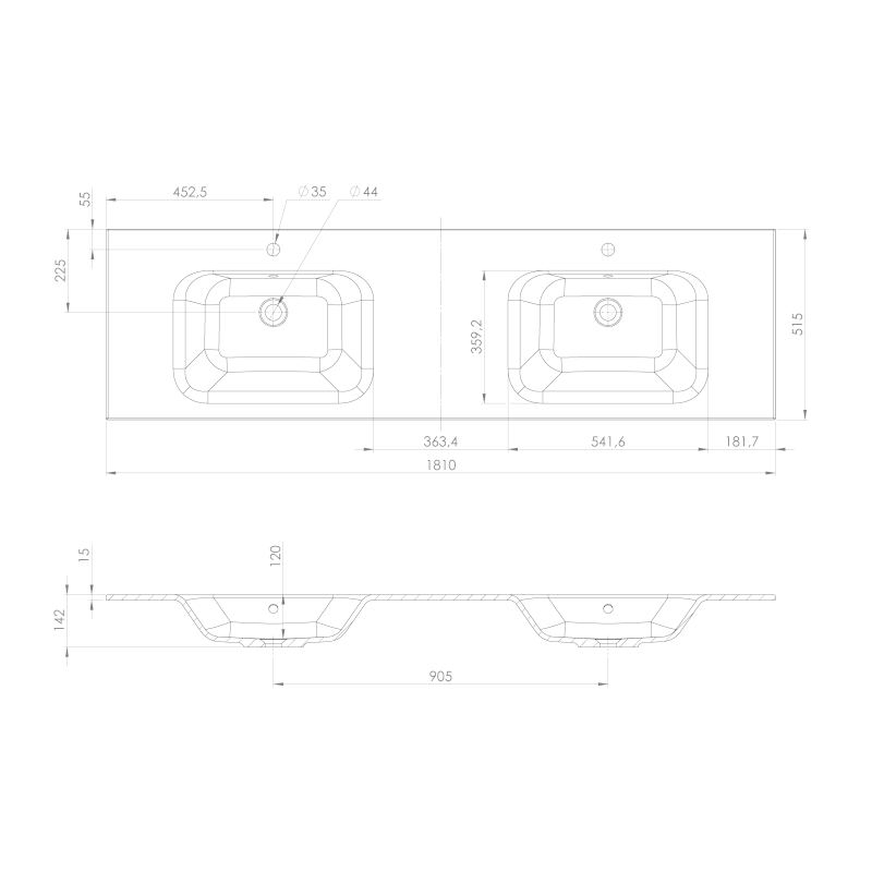 ARECA dvojumyvadlo, litý mramor, 181x51,5cm, bílá AC181