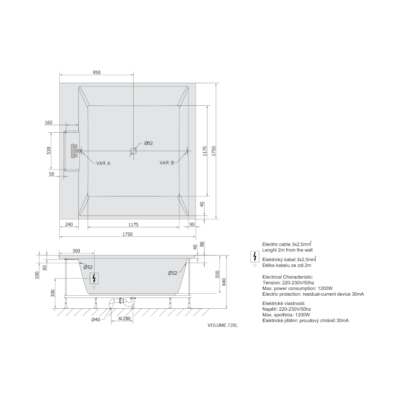 CAME hydromasážní vana, 175x175x50cm, Highline Hydro-Air, chrom 23611.6010