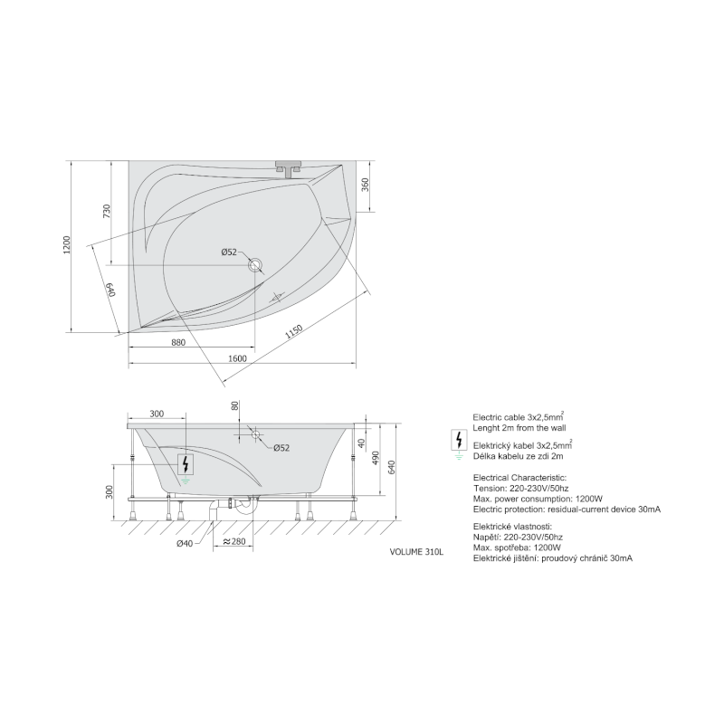 TANYA L hydromasážní vana, 160x120x49cm, Active Hydro, chrom 65119.1010