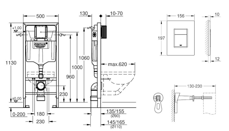 Rapid SL Předstěnový instalační set pro závěsné WC, výška 1,13 m, ovládací tlačítko Skate Cosmopolitan, chrom GROHE 38772001