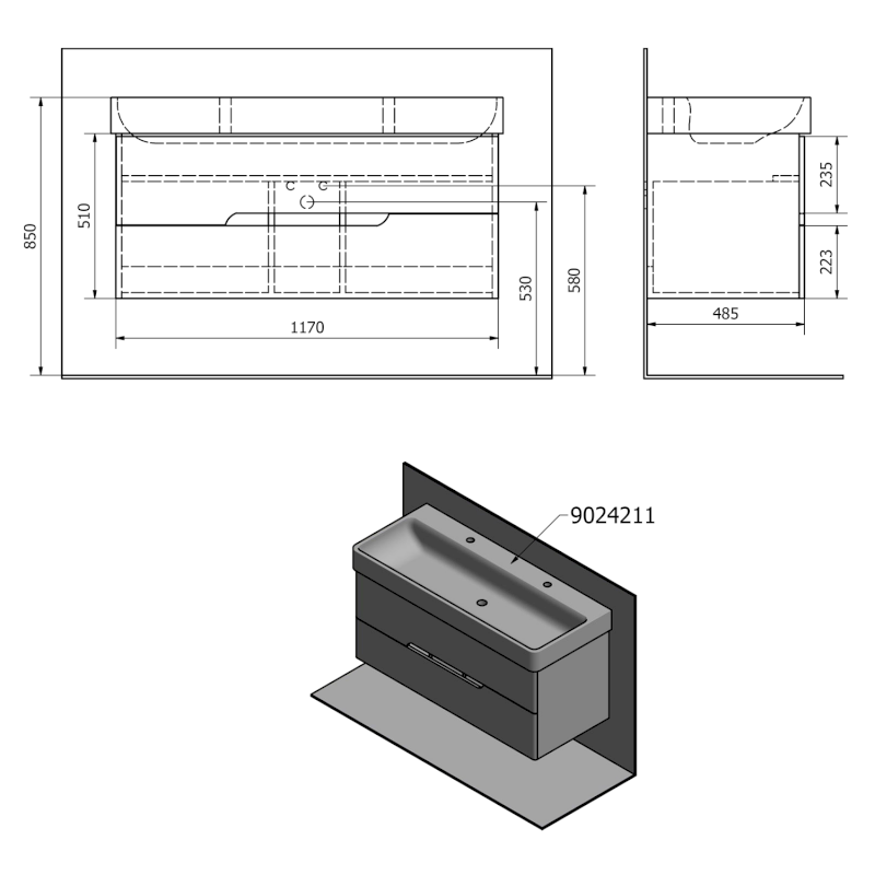 MEDIENA umyvadlová skříňka 117x51x48,5cm, bílá mat/dub graphite MD121