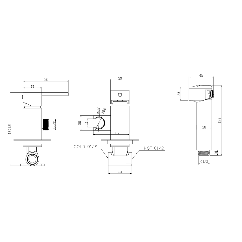 Podomítková bidetová baterie se Stop sprškou, hadice 1,2m, hranatá, chrom SK301