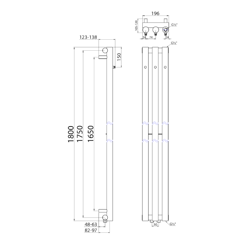 PILON otopné těleso 196x1800mm, se třemi háčky pro ručník, bílá mat IZ127T