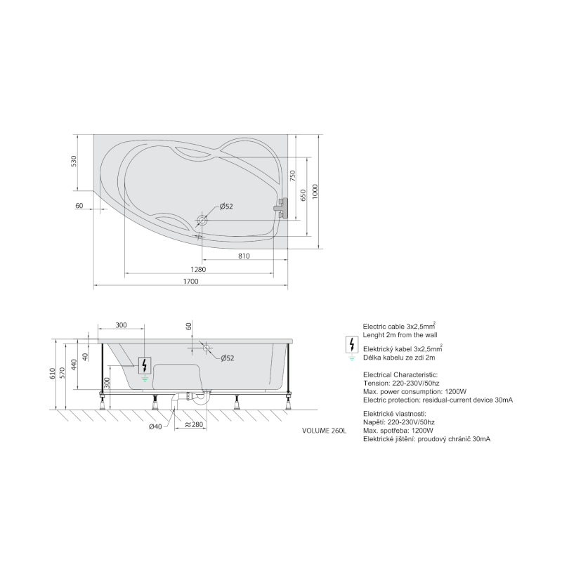 MAMBA R hydromasážní vana, 170x100x44cm, Attraction Hydro-Air, chrom 77111.4010