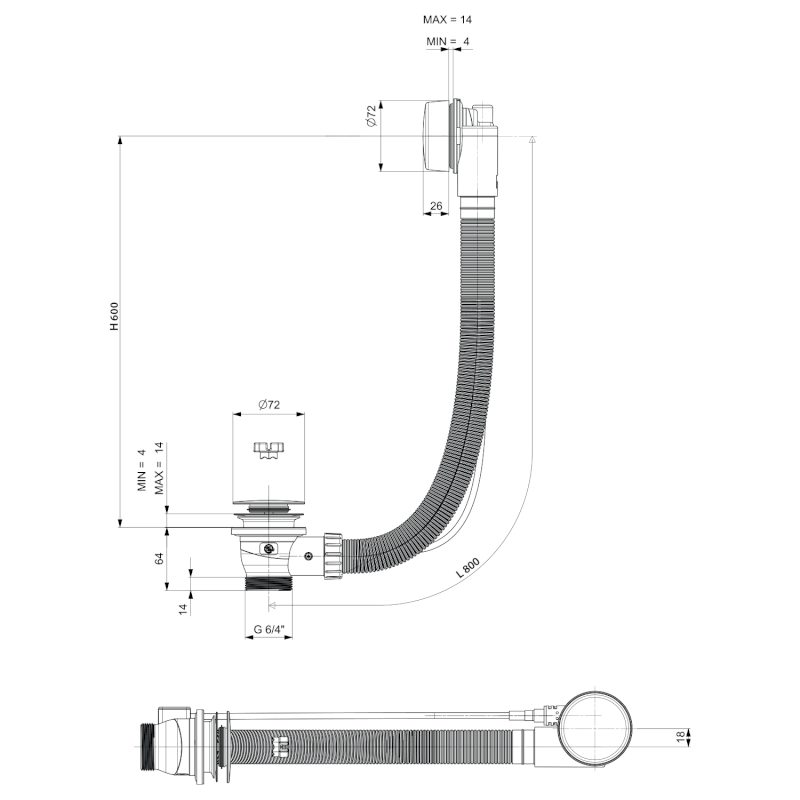 Vanová souprava, bovden, délka 800mm, zátka 72mm, černá mat 71852.21