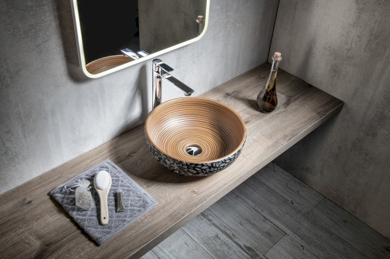 PRIORI keramické umyvadlo na desku, Ø 41 cm, hnědá s modrým vzorem PI023