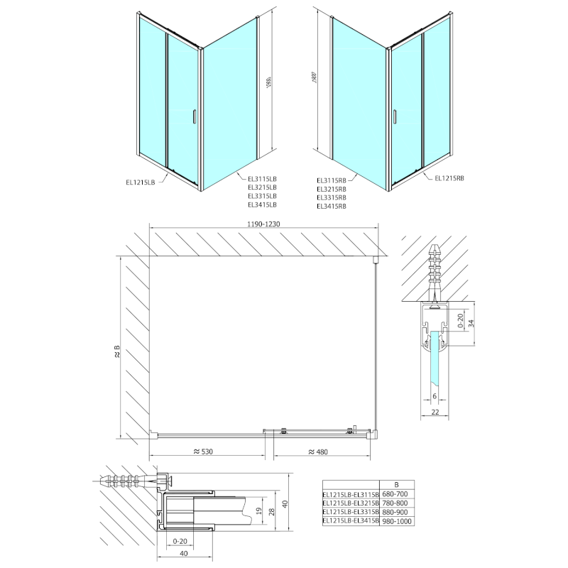 EASY BLACK sprchové dveře 1200mm, čiré sklo EL1215B