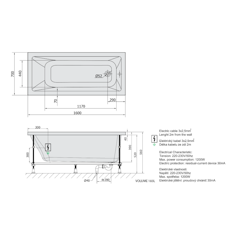 NOEMI hydromasážní vana, 160x70x39cm, Attraction Hydro-Air, chrom 71707.4010