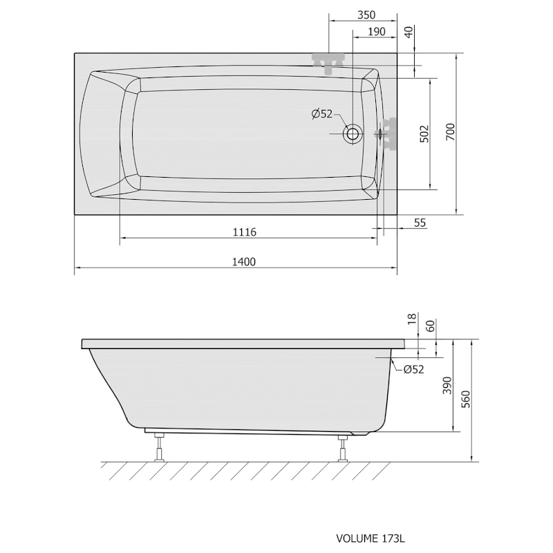 LILY SLIM obdélníková vana 140x70x39cm, bílá 72201S