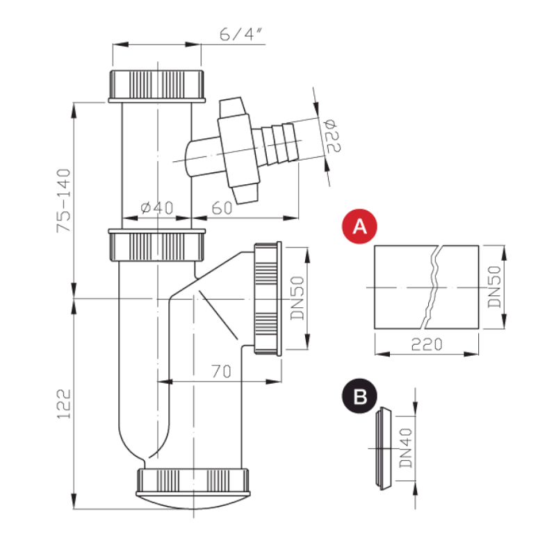 Dřezový sifon s odbočkou 6/4