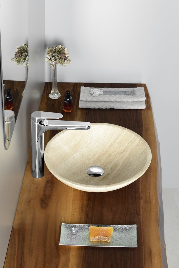 BLOK 1 kamenné umyvadlo na desku Ø 40cm, leštěný béžový travertin 2401-01