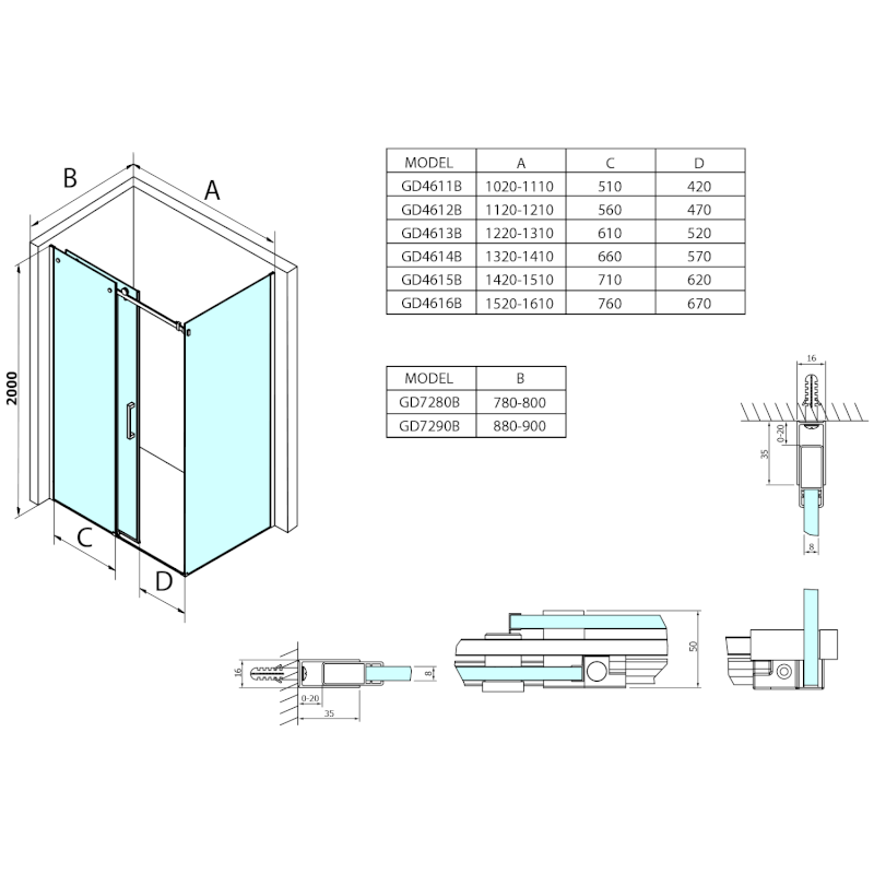 DRAGON BLACK boční stěna 900mm, čiré sklo GD7290B