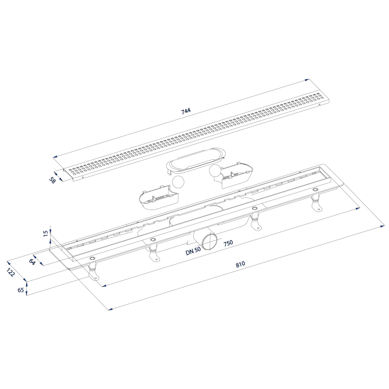 INDY podlahový žlab s nerezovým roštem, L-810, DN50 73651