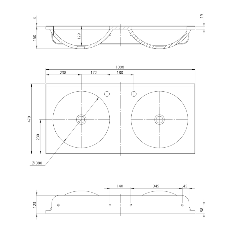 JUNO dvojumyvadlo, litý mramor, 100x47cm, bílá JU100
