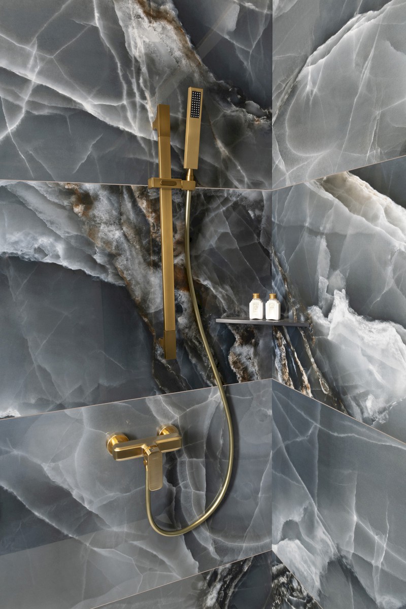 Sprchová tyč, posuvný držák, hranatá, 680mm, ABS/zlato mat 1206-07GB