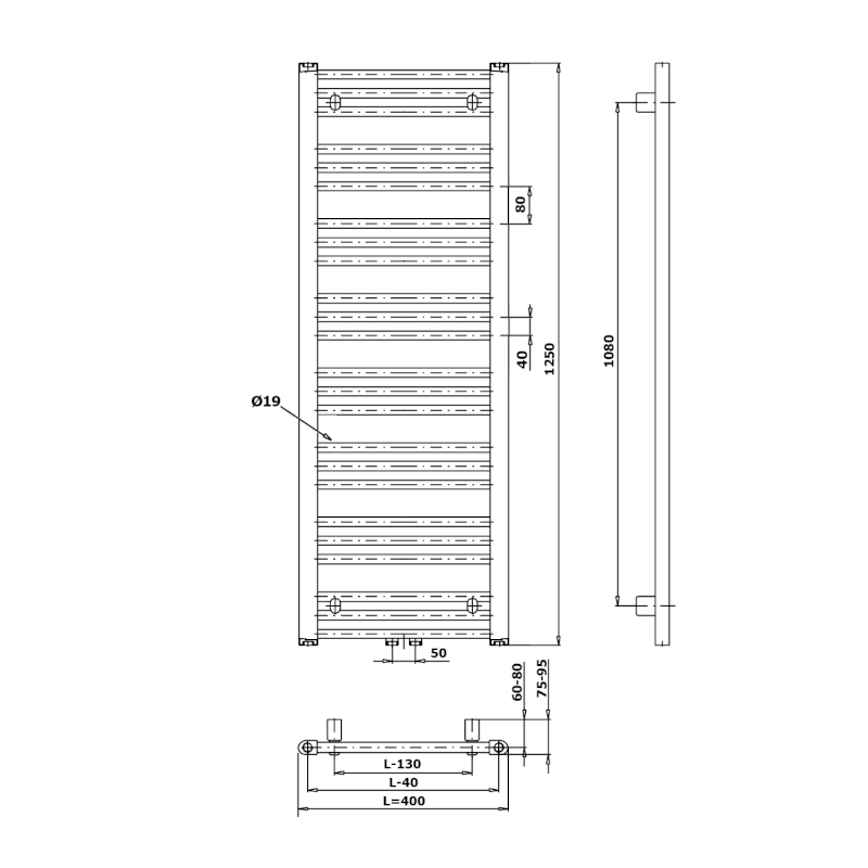 ALBRECHT otopné těleso 400x1250 mm, středové připojení, černá mat 600.112.6