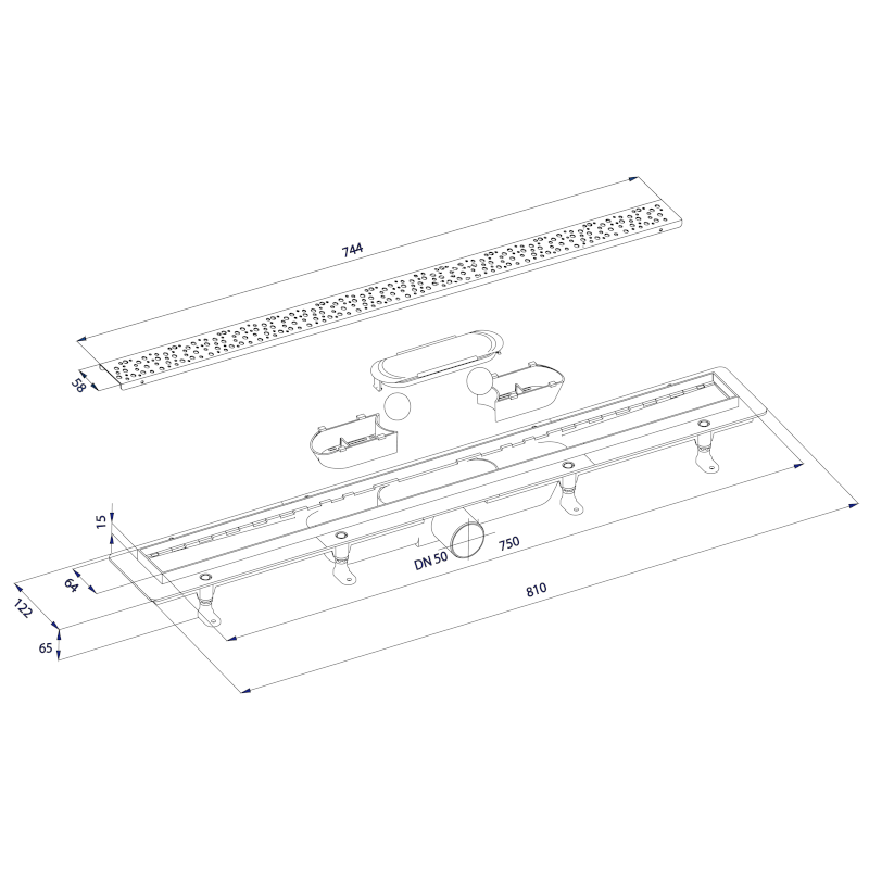 MARMI podlahový žlab s nerezovým roštem, L-810, DN50 1702-80