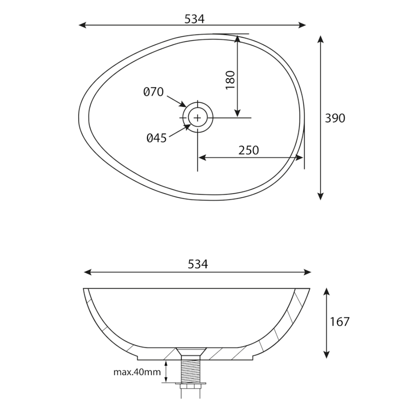 PUNC betonové umyvadlo na desku, včetně výpusti, 53x39cm, černý granit BH7001