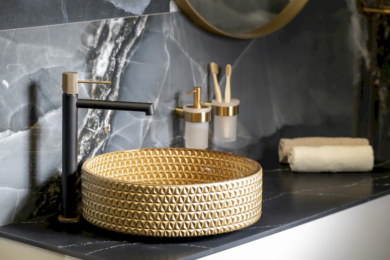 MARAGUA skleněné gravírované umyvadlo na desku Ø 39,5cm, zlatá TY214Z