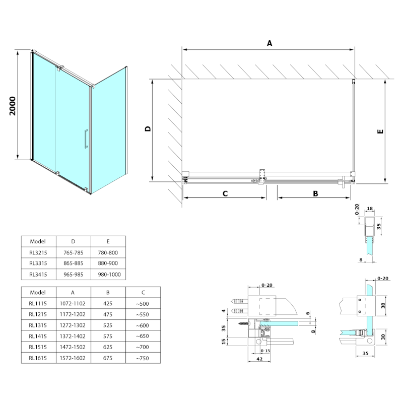 ROLLS boční stěna 800mm, výška 2000mm, čiré sklo RL3215