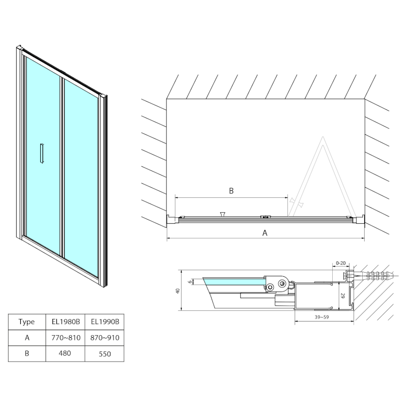 EASY BLACK sprchové dveře skládací 800mm, čiré sklo EL1980B
