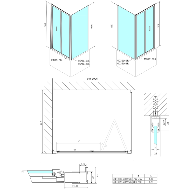 DEEP BLACK sprchové dveře skládací 1000x1650mm, čiré sklo MD1910B